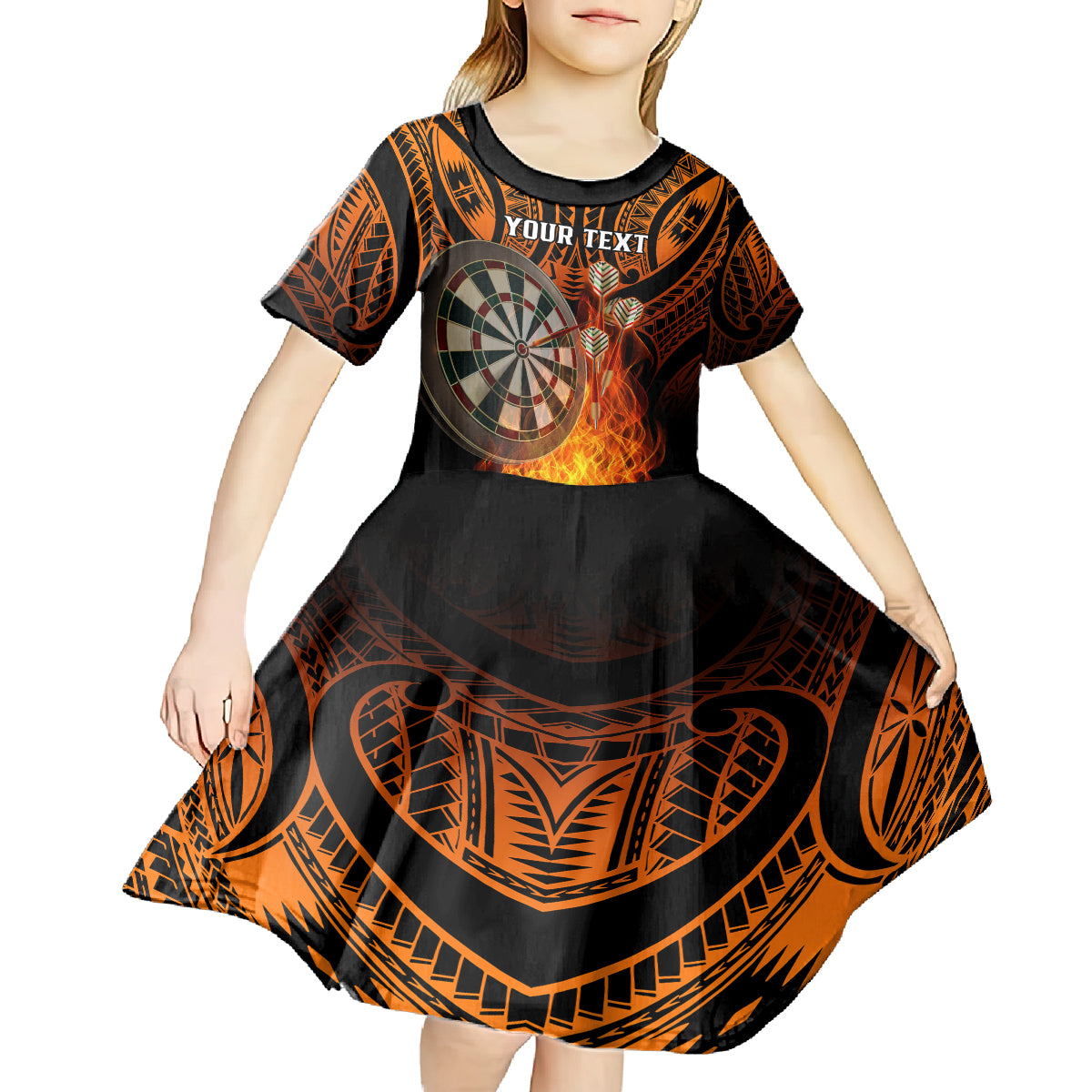 Personalised Polynesian Darts Kid Short Sleeve Dress Fire Burning With Tribal Tattoo LT14 - Polynesian Pride