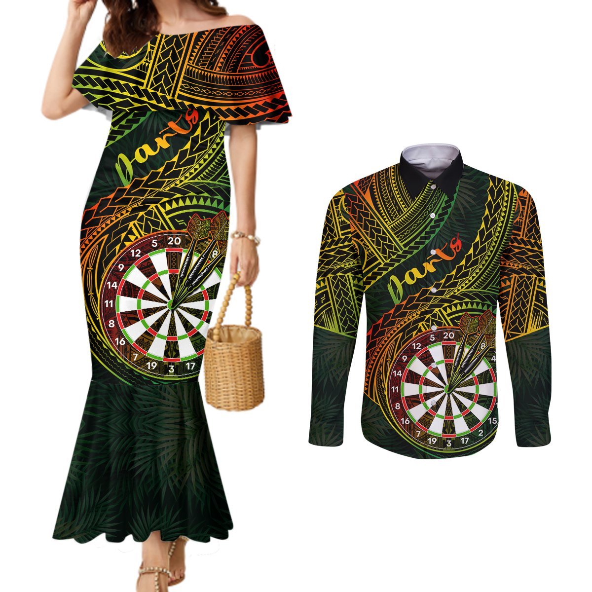 Personalised Polynesian Darts Couples Matching Mermaid Dress and Long Sleeve Button Shirts Dart Lovers Tribal Pattern Mix Tropical Leaves LT14 Reggae - Polynesian Pride