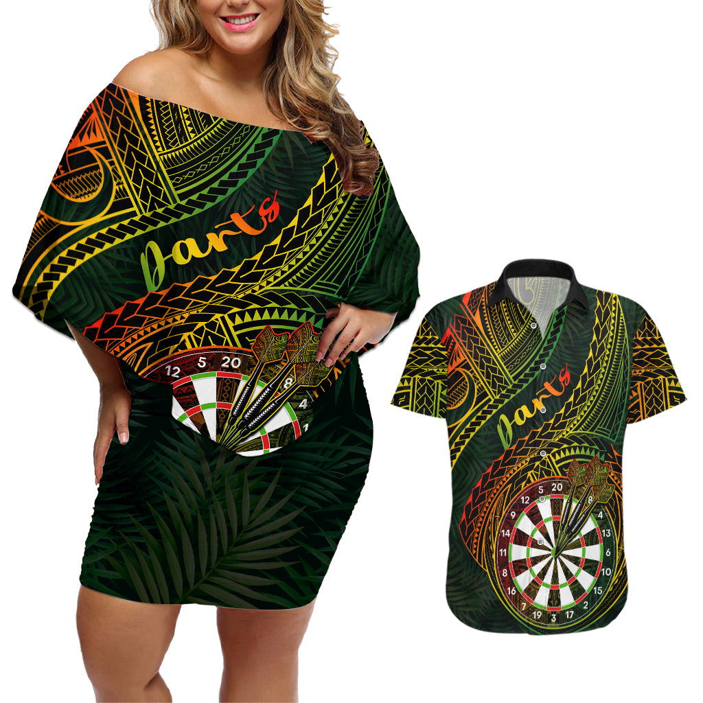 Personalised Polynesian Darts Couples Matching Off Shoulder Short Dress and Hawaiian Shirt Dart Lovers Tribal Pattern Mix Tropical Leaves LT14 Reggae - Polynesian Pride