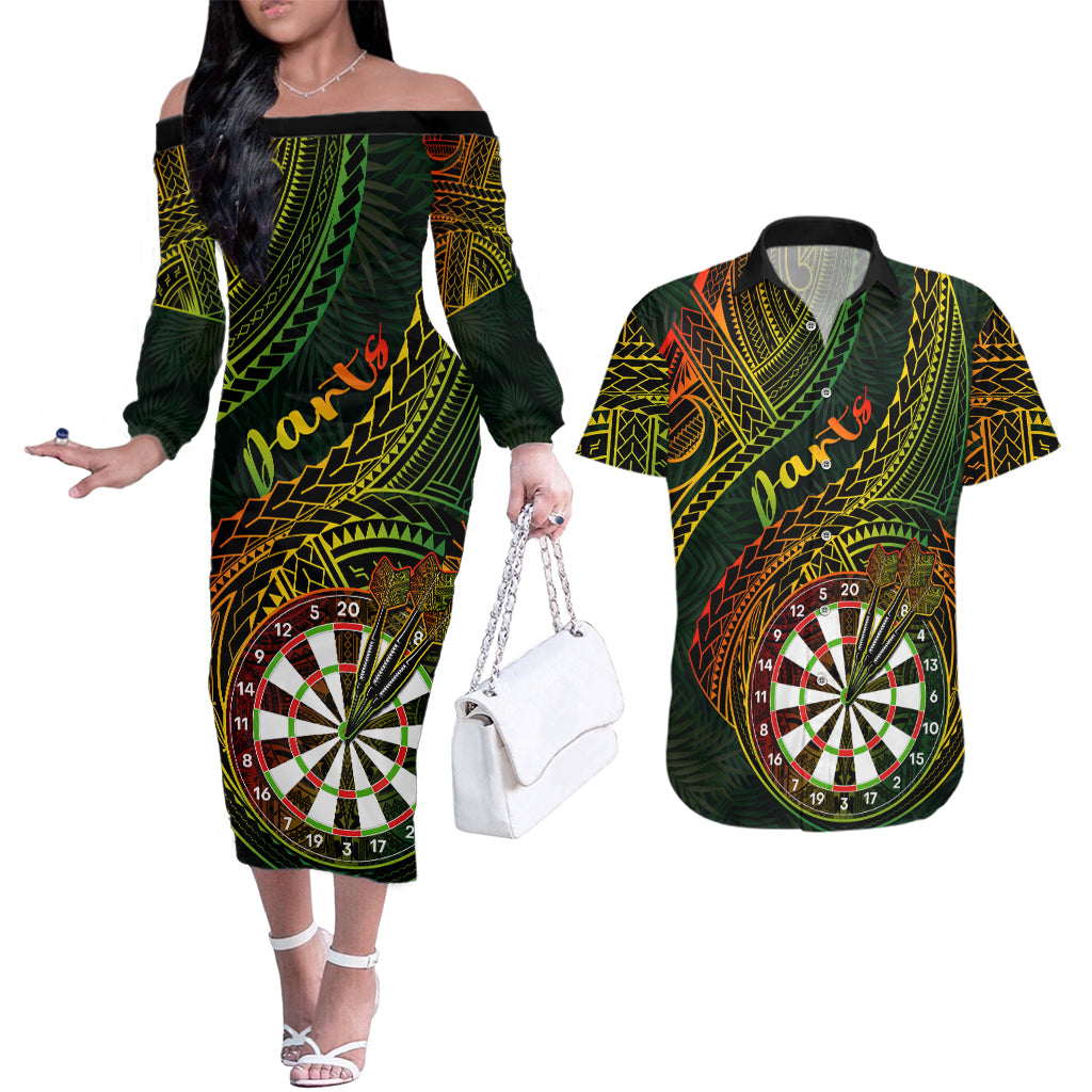 Personalised Polynesian Darts Couples Matching Off The Shoulder Long Sleeve Dress and Hawaiian Shirt Dart Lovers Tribal Pattern Mix Tropical Leaves LT14 Reggae - Polynesian Pride