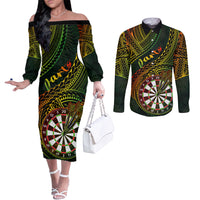 Personalised Polynesian Darts Couples Matching Off The Shoulder Long Sleeve Dress and Long Sleeve Button Shirts Dart Lovers Tribal Pattern Mix Tropical Leaves LT14 Reggae - Polynesian Pride