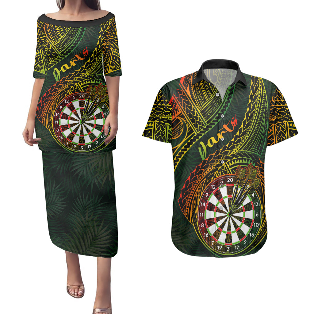 Personalised Polynesian Darts Couples Matching Puletasi Dress and Hawaiian Shirt Dart Lovers Tribal Pattern Mix Tropical Leaves LT14 Reggae - Polynesian Pride