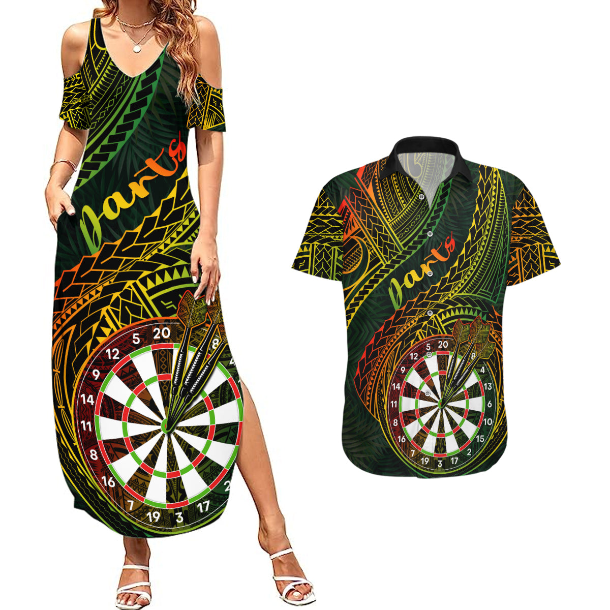 Personalised Polynesian Darts Couples Matching Summer Maxi Dress and Hawaiian Shirt Dart Lovers Tribal Pattern Mix Tropical Leaves LT14 Reggae - Polynesian Pride