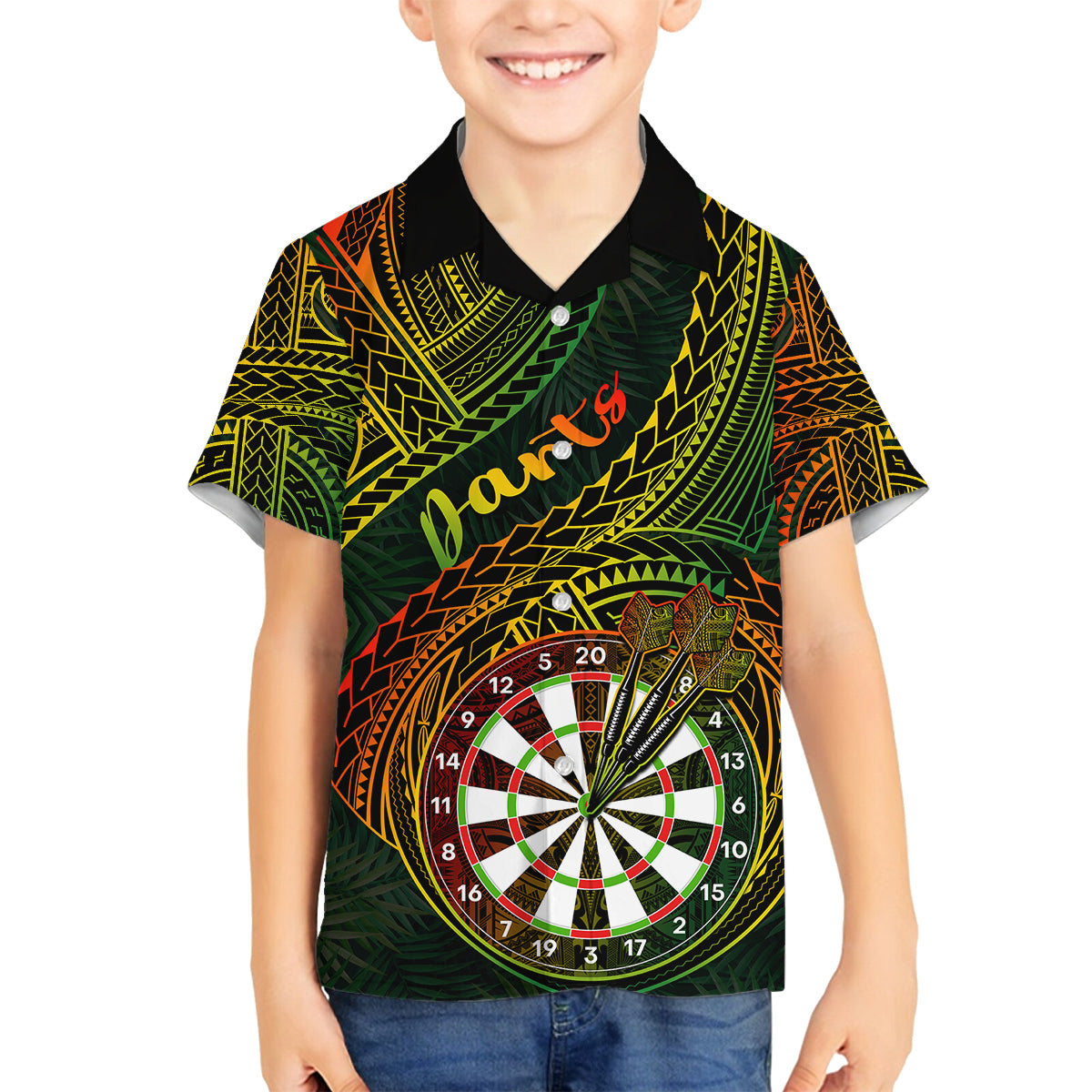 Personalised Polynesian Darts Family Matching Off Shoulder Short Dress and Hawaiian Shirt Dart Lovers Tribal Pattern Mix Tropical Leaves LT14 Son's Shirt Reggae - Polynesian Pride