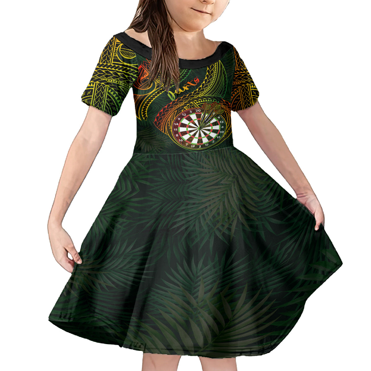 Personalised Polynesian Darts Kid Short Sleeve Dress Dart Lovers Tribal Pattern Mix Tropical Leaves LT14 KID Reggae - Polynesian Pride
