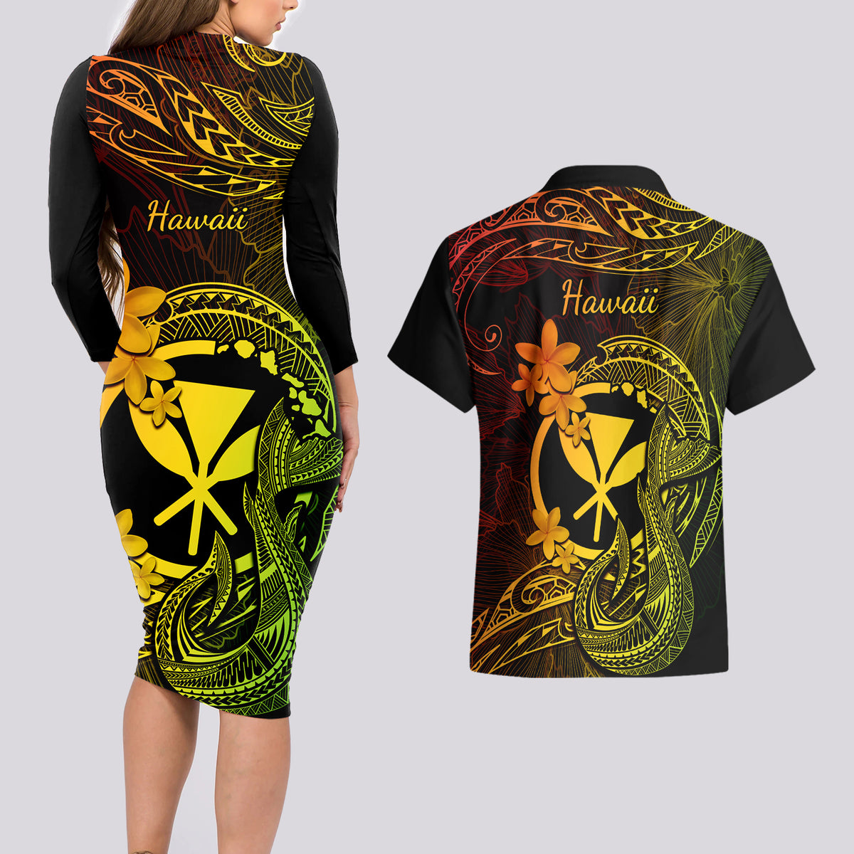 Hawaii Couples Matching Long Sleeve Bodycon Dress and Hawaiian Shirt Fish Hook Tattoo Mix Polynesian Plumeria Reggae Version LT14 - Polynesian Pride
