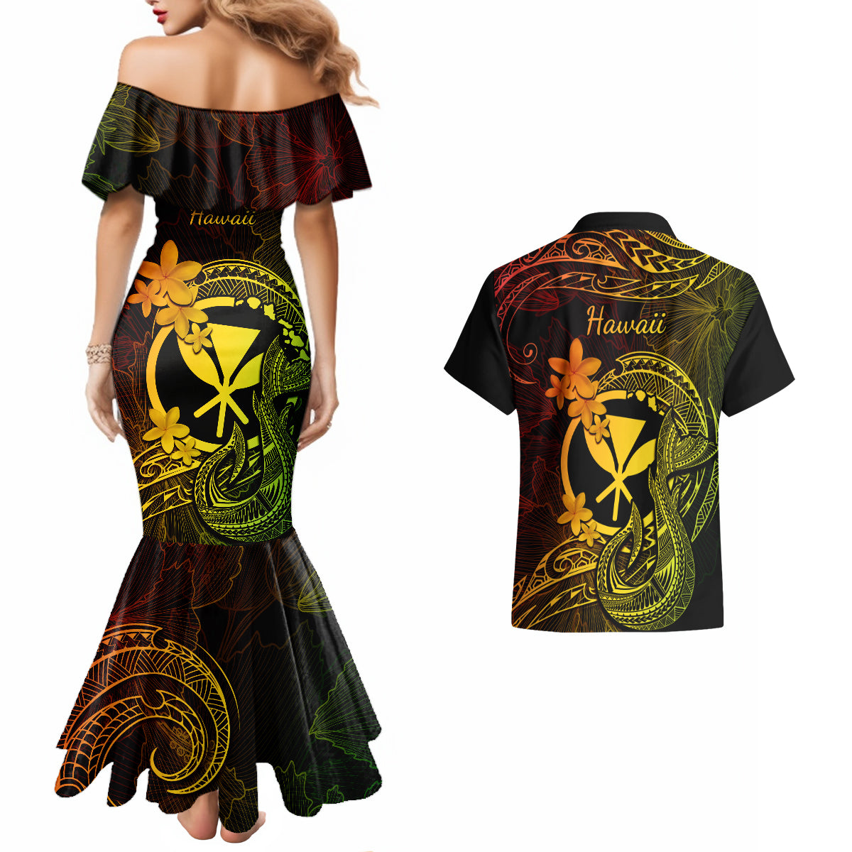 Hawaii Couples Matching Mermaid Dress and Hawaiian Shirt Fish Hook Tattoo Mix Polynesian Plumeria Reggae Version LT14 - Polynesian Pride