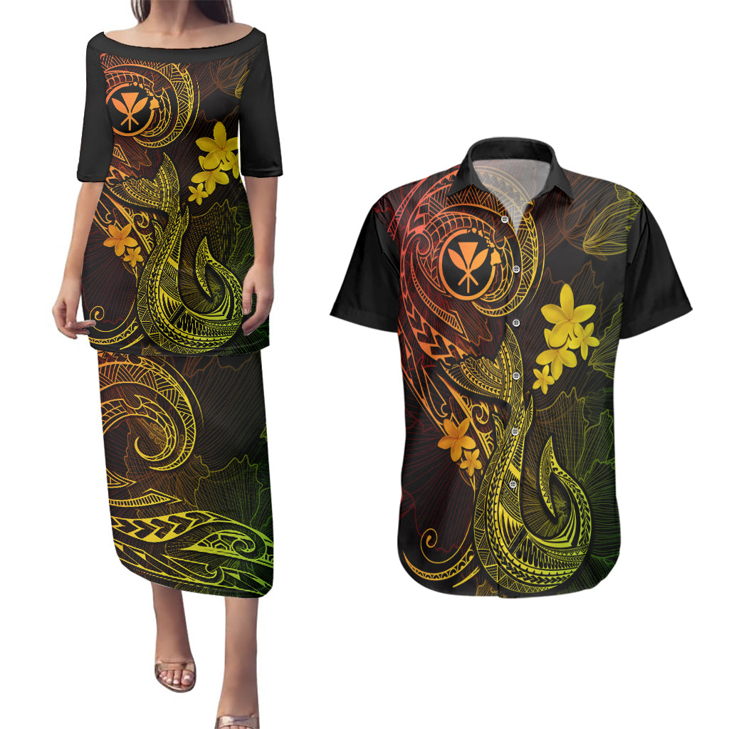 Hawaii Couples Matching Puletasi Dress and Hawaiian Shirt Fish Hook Tattoo Mix Polynesian Plumeria Reggae Version LT14 Reggae - Polynesian Pride
