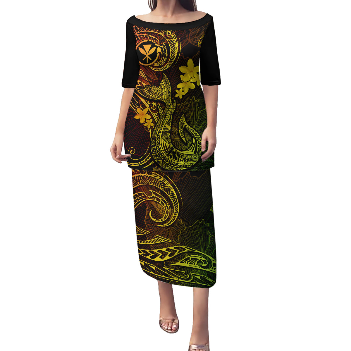 Hawaii Family Matching Puletasi Dress and Hawaiian Shirt Fish Hook Tattoo Mix Polynesian Plumeria Reggae Version LT14 Mom's Dress Reggae - Polynesian Pride