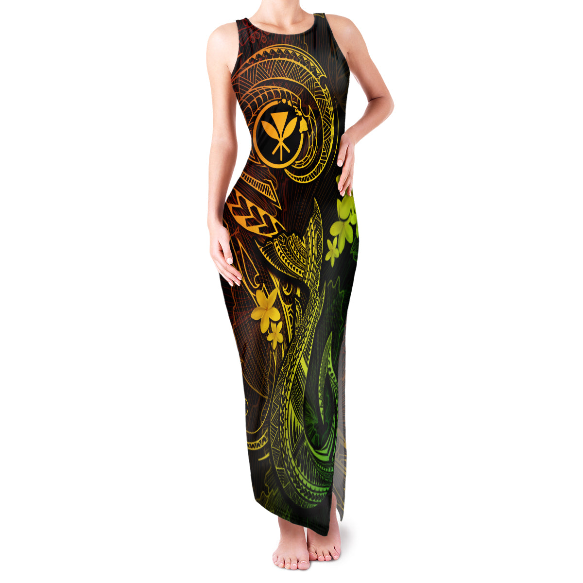 Hawaii Family Matching Tank Maxi Dress and Hawaiian Shirt Fish Hook Tattoo Mix Polynesian Plumeria Reggae Version LT14 Mom's Dress Reggae - Polynesian Pride