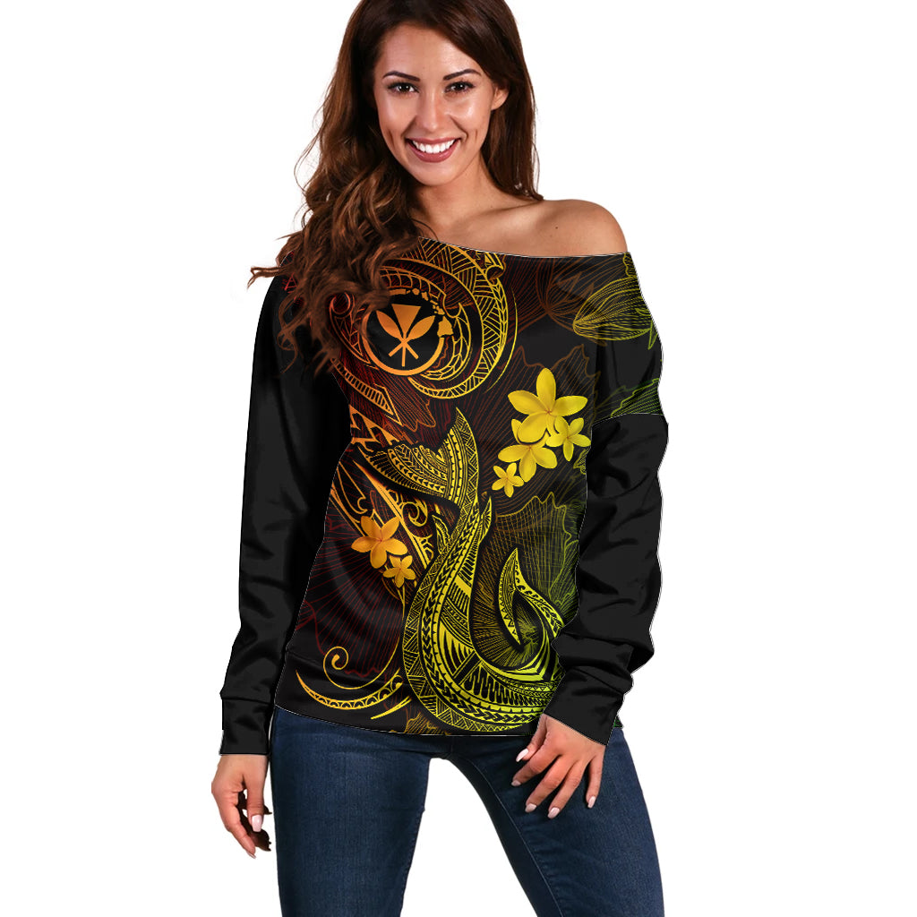 Hawaii Off Shoulder Sweater Fish Hook Tattoo Mix Polynesian Plumeria Reggae Version LT14 Women Reggae - Polynesian Pride