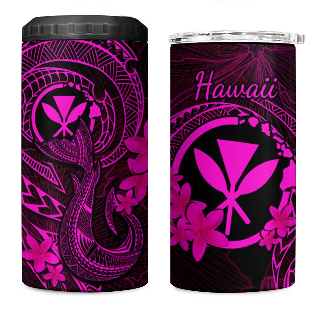 Hawaii 4 in 1 Can Cooler Tumbler Fish Hook Tattoo Mix Polynesian Plumeria Pink Version