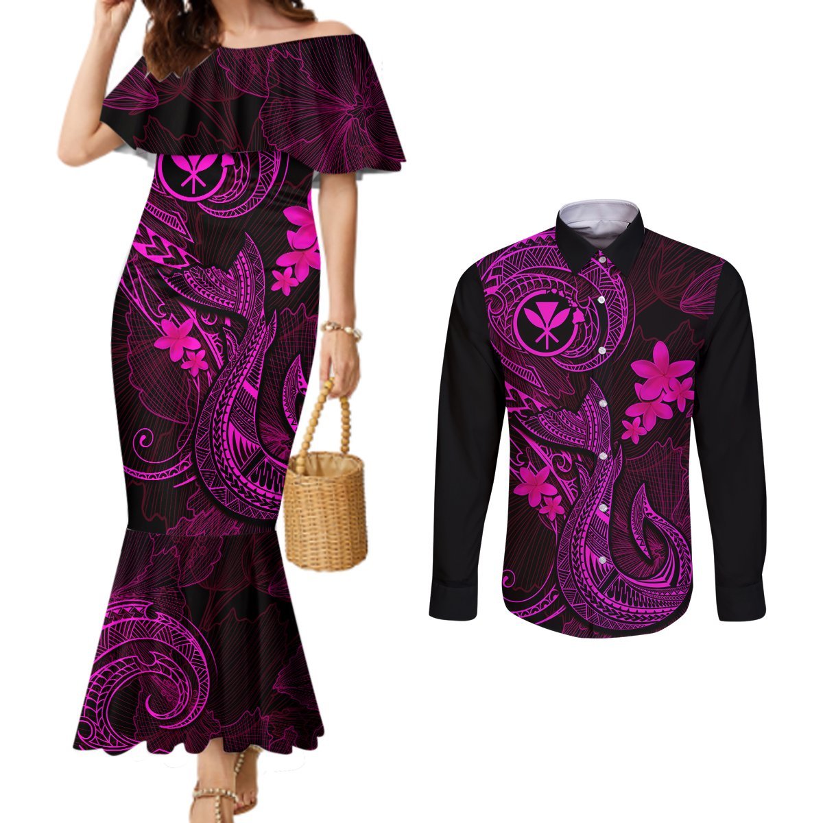 Hawaii Couples Matching Mermaid Dress and Long Sleeve Button Shirts Fish Hook Tattoo Mix Polynesian Plumeria Pink Version LT14 Pink - Polynesian Pride