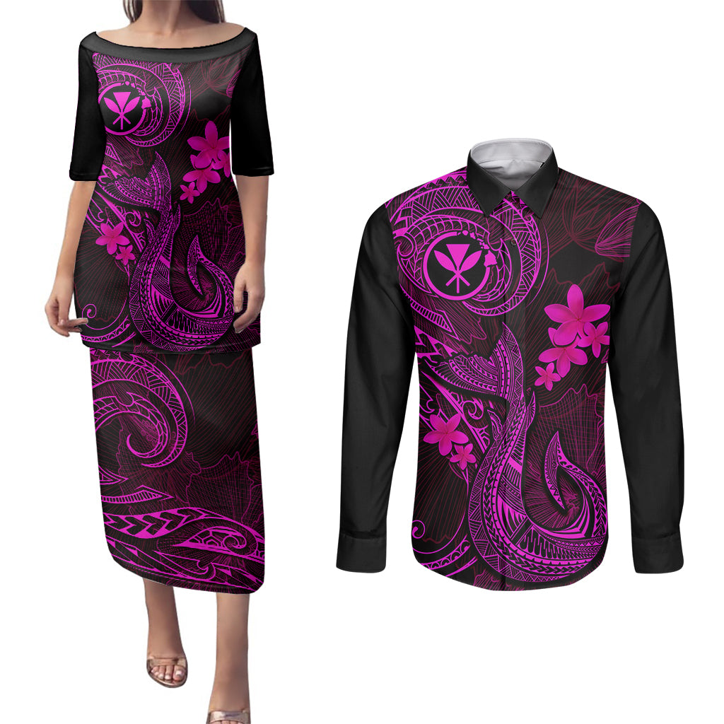 Hawaii Couples Matching Puletasi Dress and Long Sleeve Button Shirts Fish Hook Tattoo Mix Polynesian Plumeria Pink Version LT14 Pink - Polynesian Pride
