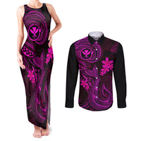 Hawaii Couples Matching Tank Maxi Dress and Long Sleeve Button Shirts Fish Hook Tattoo Mix Polynesian Plumeria Pink Version LT14 Pink - Polynesian Pride