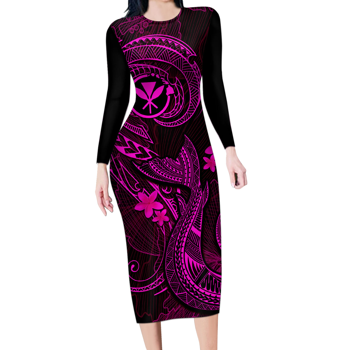 Hawaii Long Sleeve Bodycon Dress Fish Hook Tattoo Mix Polynesian Plumeria Pink Version LT14 Long Dress Pink - Polynesian Pride