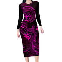Hawaii Long Sleeve Bodycon Dress Fish Hook Tattoo Mix Polynesian Plumeria Pink Version LT14 Long Dress Pink - Polynesian Pride