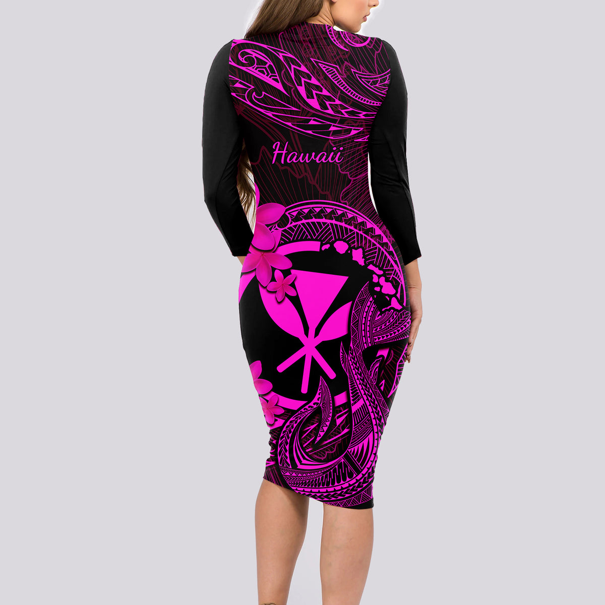 Hawaii Long Sleeve Bodycon Dress Fish Hook Tattoo Mix Polynesian Plumeria Pink Version LT14 - Polynesian Pride