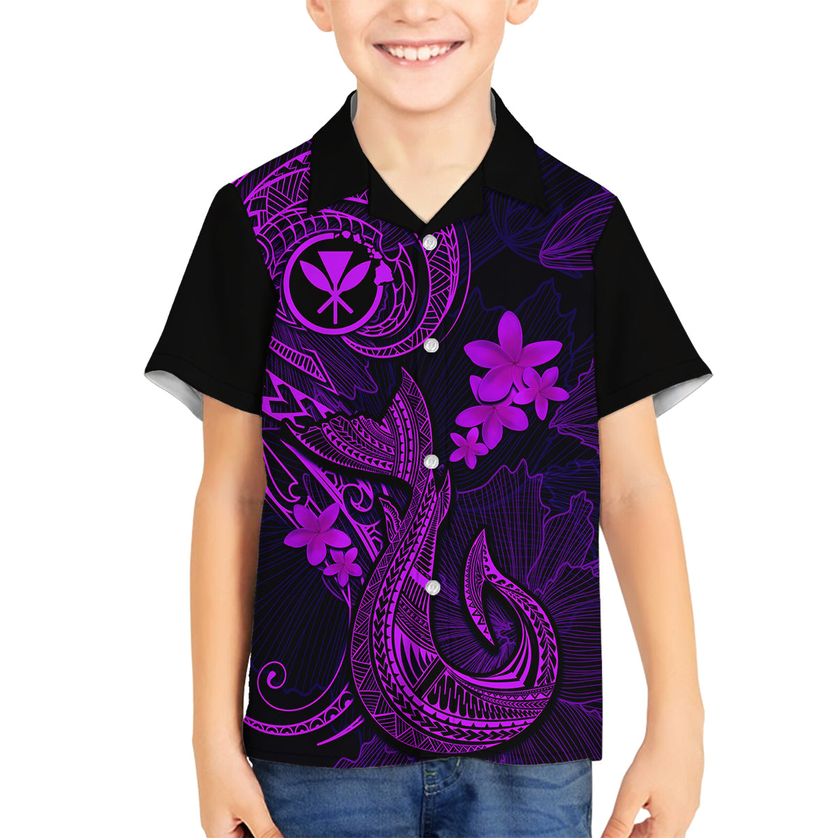 Hawaii Family Matching Mermaid Dress and Hawaiian Shirt Fish Hook Tattoo Mix Polynesian Plumeria Purple Version LT14 Son's Shirt Purple - Polynesian Pride