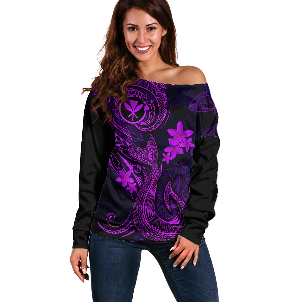 Hawaii Off Shoulder Sweater Fish Hook Tattoo Mix Polynesian Plumeria Purple Version LT14 Women Purple - Polynesian Pride