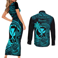 Hawaii Couples Matching Short Sleeve Bodycon Dress and Long Sleeve Button Shirts Fish Hook Tattoo Mix Polynesian Plumeria Turquoise Version LT14 - Polynesian Pride