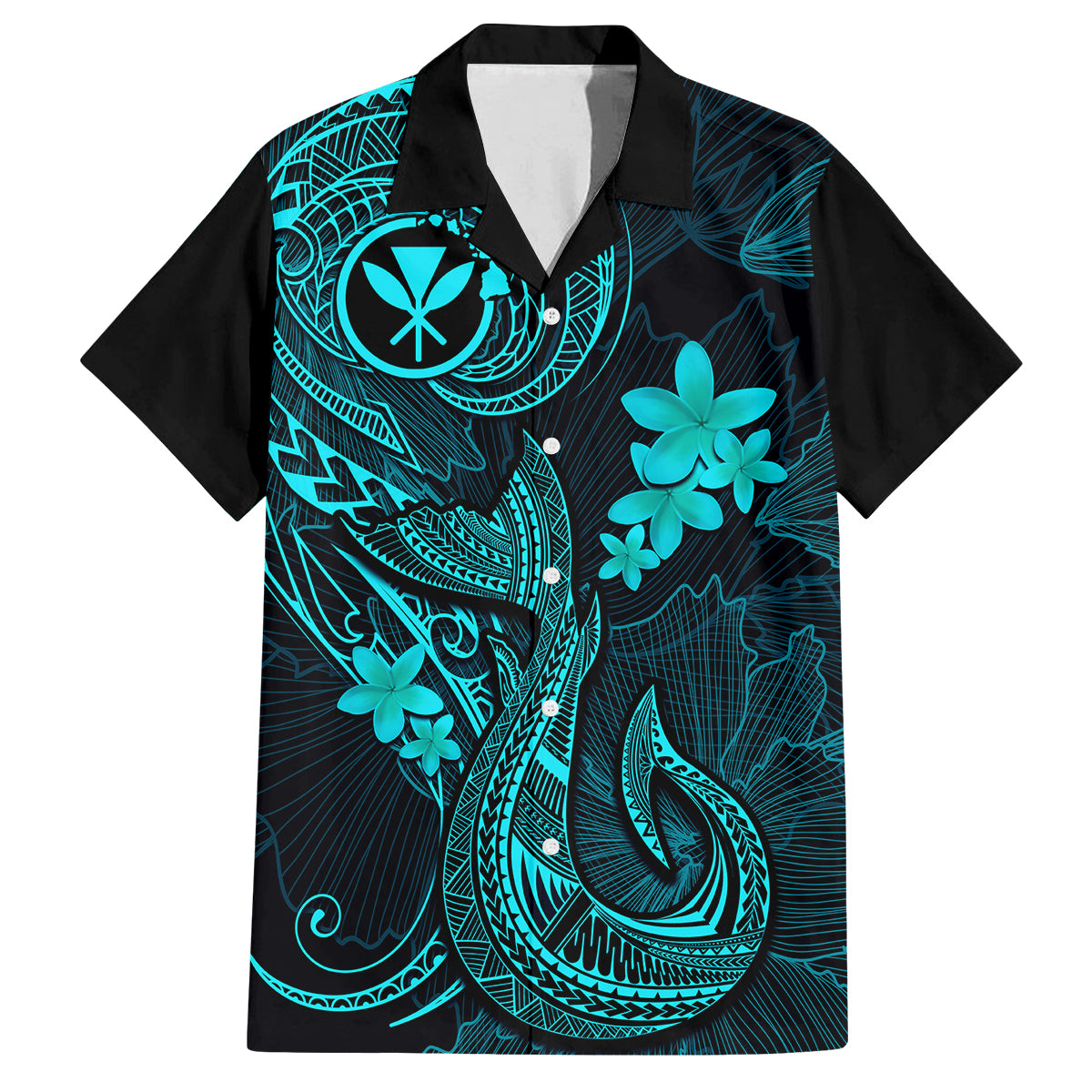 Hawaii Family Matching Off Shoulder Long Sleeve Dress and Hawaiian Shirt Fish Hook Tattoo Mix Polynesian Plumeria Turquoise Version LT14 Dad's Shirt - Short Sleeve Turquoise - Polynesian Pride