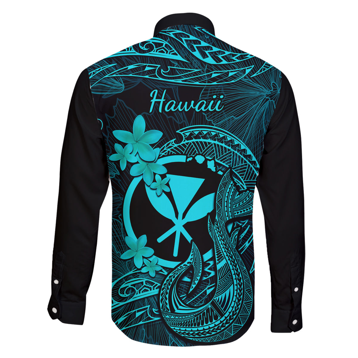 Hawaii Family Matching Off Shoulder Short Dress and Hawaiian Shirt Fish Hook Tattoo Mix Polynesian Plumeria Turquoise Version LT14 - Polynesian Pride