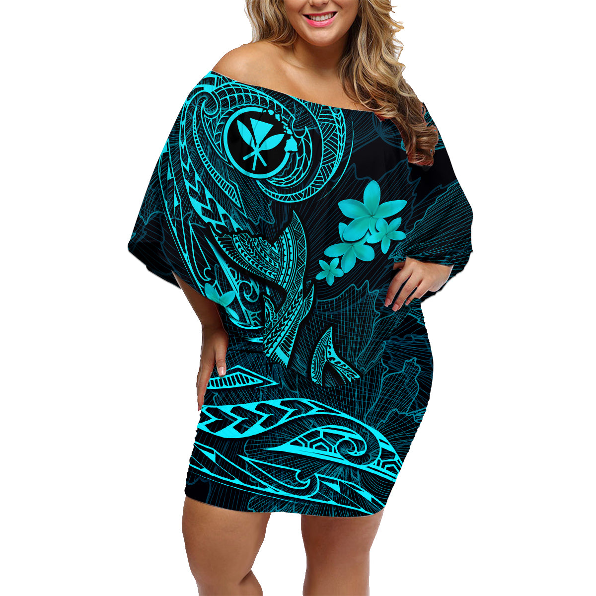 Hawaii Family Matching Off Shoulder Short Dress and Hawaiian Shirt Fish Hook Tattoo Mix Polynesian Plumeria Turquoise Version LT14 Mom's Dress Turquoise - Polynesian Pride