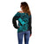 Hawaii Off Shoulder Sweater Fish Hook Tattoo Mix Polynesian Plumeria Turquoise Version LT14 - Polynesian Pride