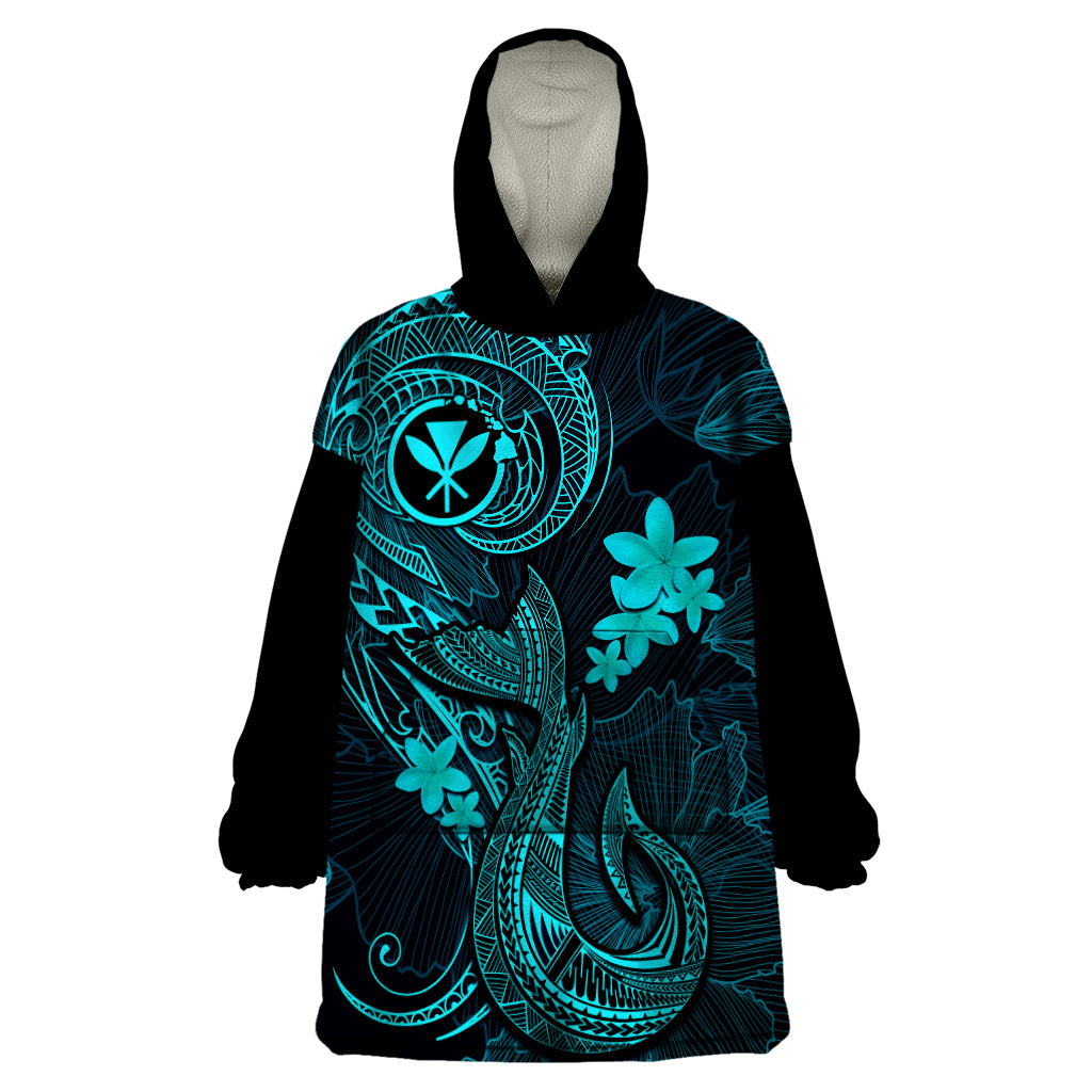 Hawaii Wearable Blanket Hoodie Fish Hook Tattoo Mix Polynesian Plumeria Turquoise Version LT14 One Size Turquoise - Polynesian Pride