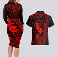 Hawaii Couples Matching Long Sleeve Bodycon Dress and Hawaiian Shirt Fish Hook Tattoo Mix Polynesian Plumeria Red Version LT14 - Polynesian Pride
