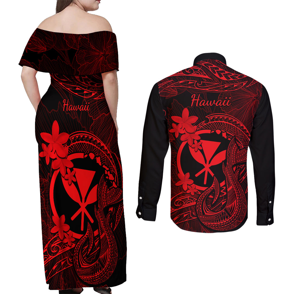 Hawaii Couples Matching Off Shoulder Maxi Dress and Long Sleeve Button Shirts Fish Hook Tattoo Mix Polynesian Plumeria Red Version LT14 - Polynesian Pride