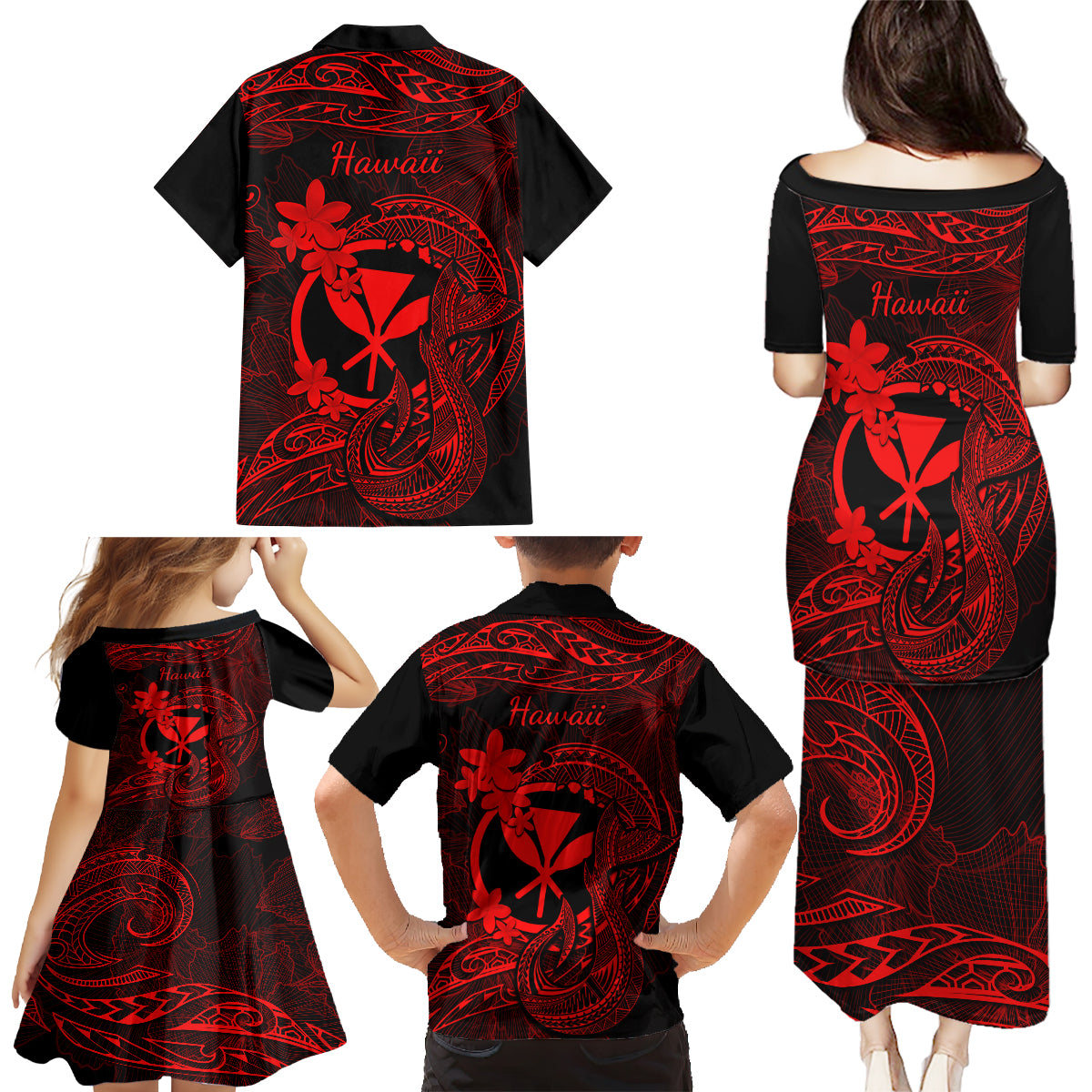 Hawaii Family Matching Puletasi Dress and Hawaiian Shirt Fish Hook Tattoo Mix Polynesian Plumeria Red Version LT14 - Polynesian Pride
