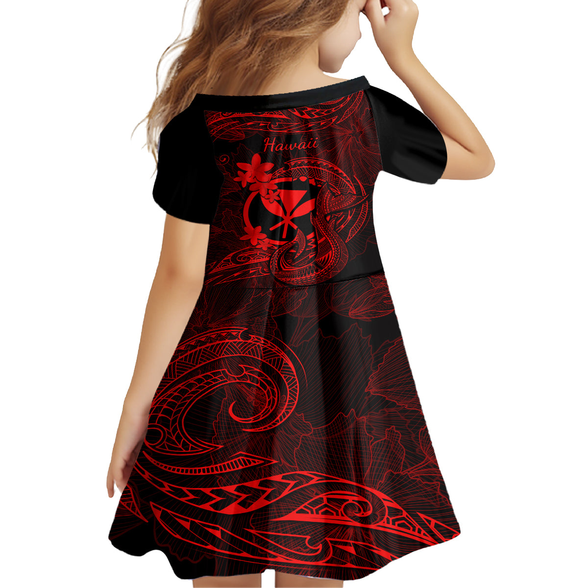 Hawaii Kid Short Sleeve Dress Fish Hook Tattoo Mix Polynesian Plumeria Red Version LT14 - Polynesian Pride