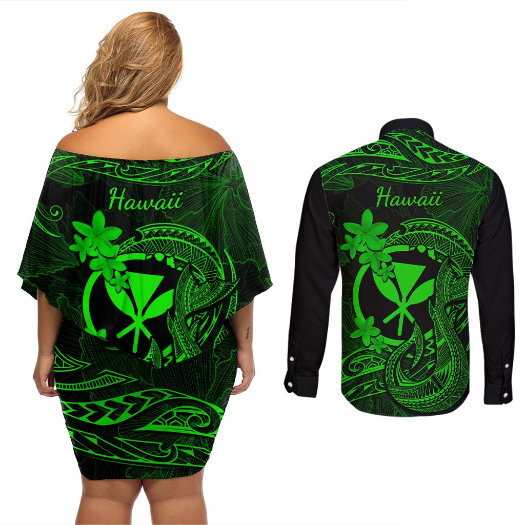 Hawaii Couples Matching Off Shoulder Short Dress and Long Sleeve Button Shirts Fish Hook Tattoo Mix Polynesian Plumeria Green Version LT14 - Polynesian Pride