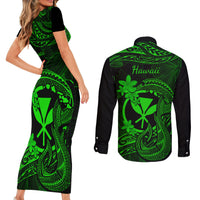 Hawaii Couples Matching Short Sleeve Bodycon Dress and Long Sleeve Button Shirts Fish Hook Tattoo Mix Polynesian Plumeria Green Version LT14 - Polynesian Pride