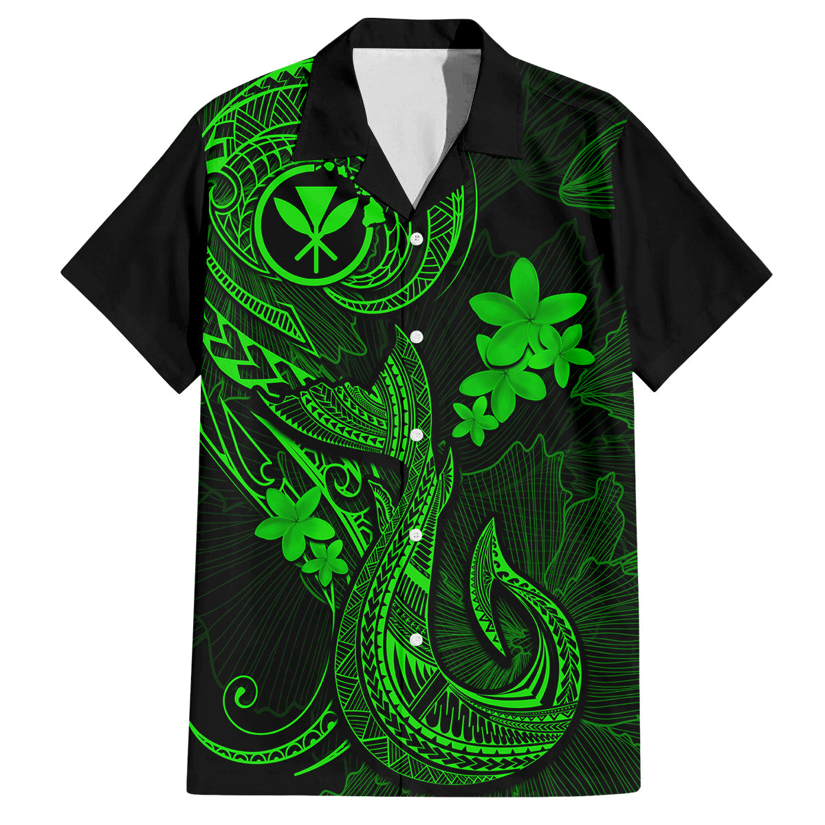 Hawaii Family Matching Off Shoulder Long Sleeve Dress and Hawaiian Shirt Fish Hook Tattoo Mix Polynesian Plumeria Green Version LT14 Dad's Shirt - Short Sleeve Green - Polynesian Pride