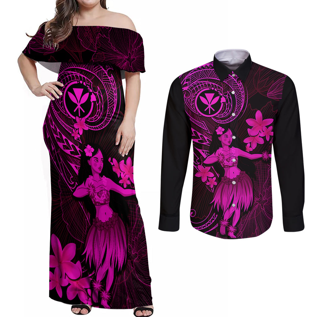Hawaii Couples Matching Off Shoulder Maxi Dress and Long Sleeve Button Shirts Hula Girl Mix Polynesian Plumeria Pink Version LT14 Pink - Polynesian Pride