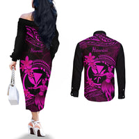 Hawaii Couples Matching Off The Shoulder Long Sleeve Dress and Long Sleeve Button Shirts Hula Girl Mix Polynesian Plumeria Pink Version LT14 - Polynesian Pride