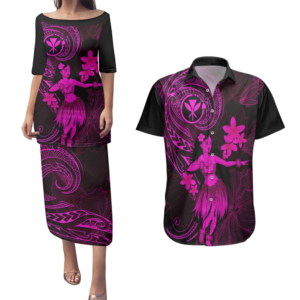 Hawaii Couples Matching Puletasi Dress and Hawaiian Shirt Hula Girl Mix Polynesian Plumeria Pink Version LT14 Pink - Polynesian Pride