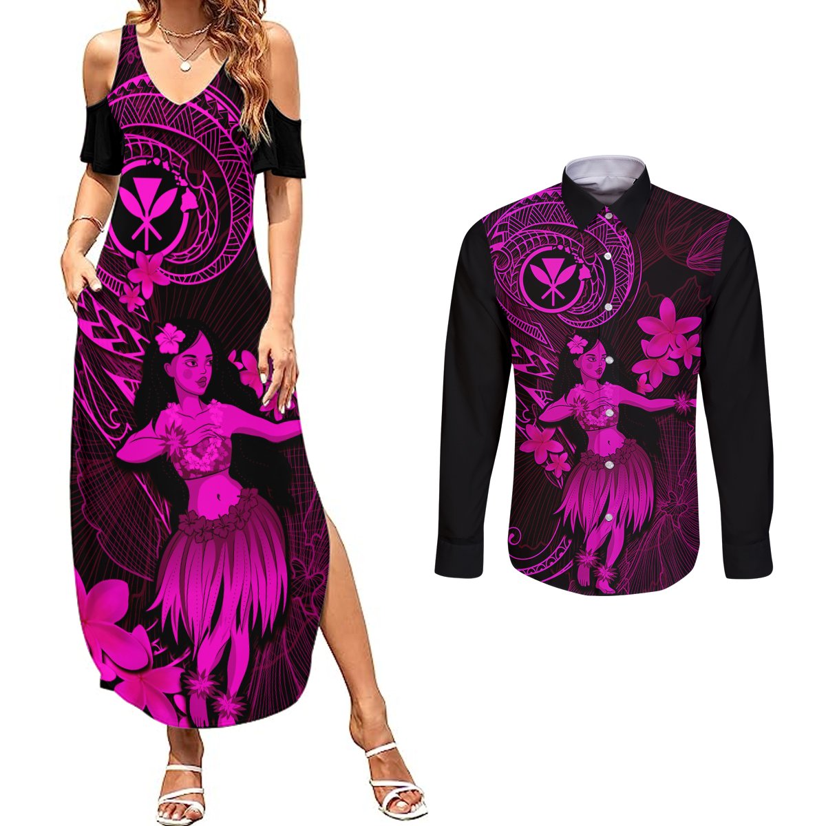Hawaii Couples Matching Summer Maxi Dress and Long Sleeve Button Shirts Hula Girl Mix Polynesian Plumeria Pink Version LT14 Pink - Polynesian Pride
