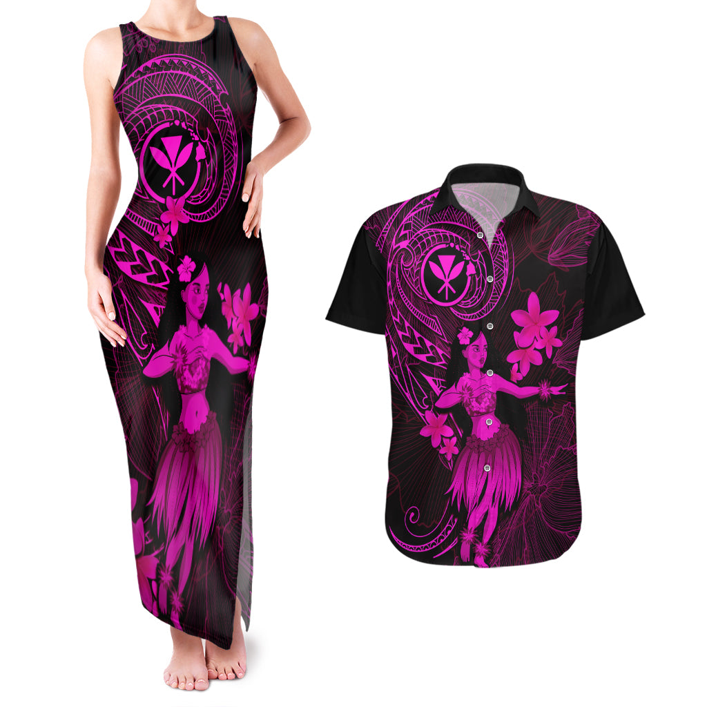 Hawaii Couples Matching Tank Maxi Dress and Hawaiian Shirt Hula Girl Mix Polynesian Plumeria Pink Version LT14 Pink - Polynesian Pride