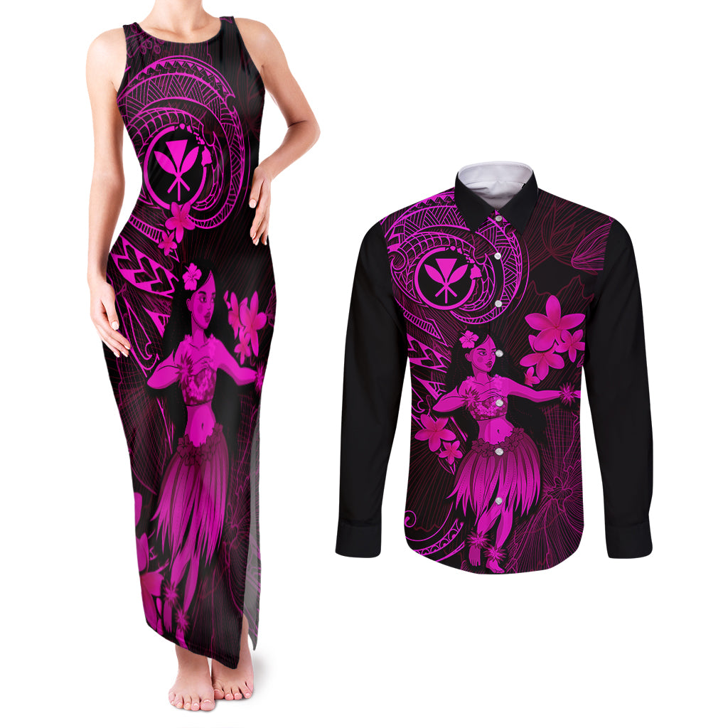 Hawaii Couples Matching Tank Maxi Dress and Long Sleeve Button Shirts Hula Girl Mix Polynesian Plumeria Pink Version LT14 Pink - Polynesian Pride