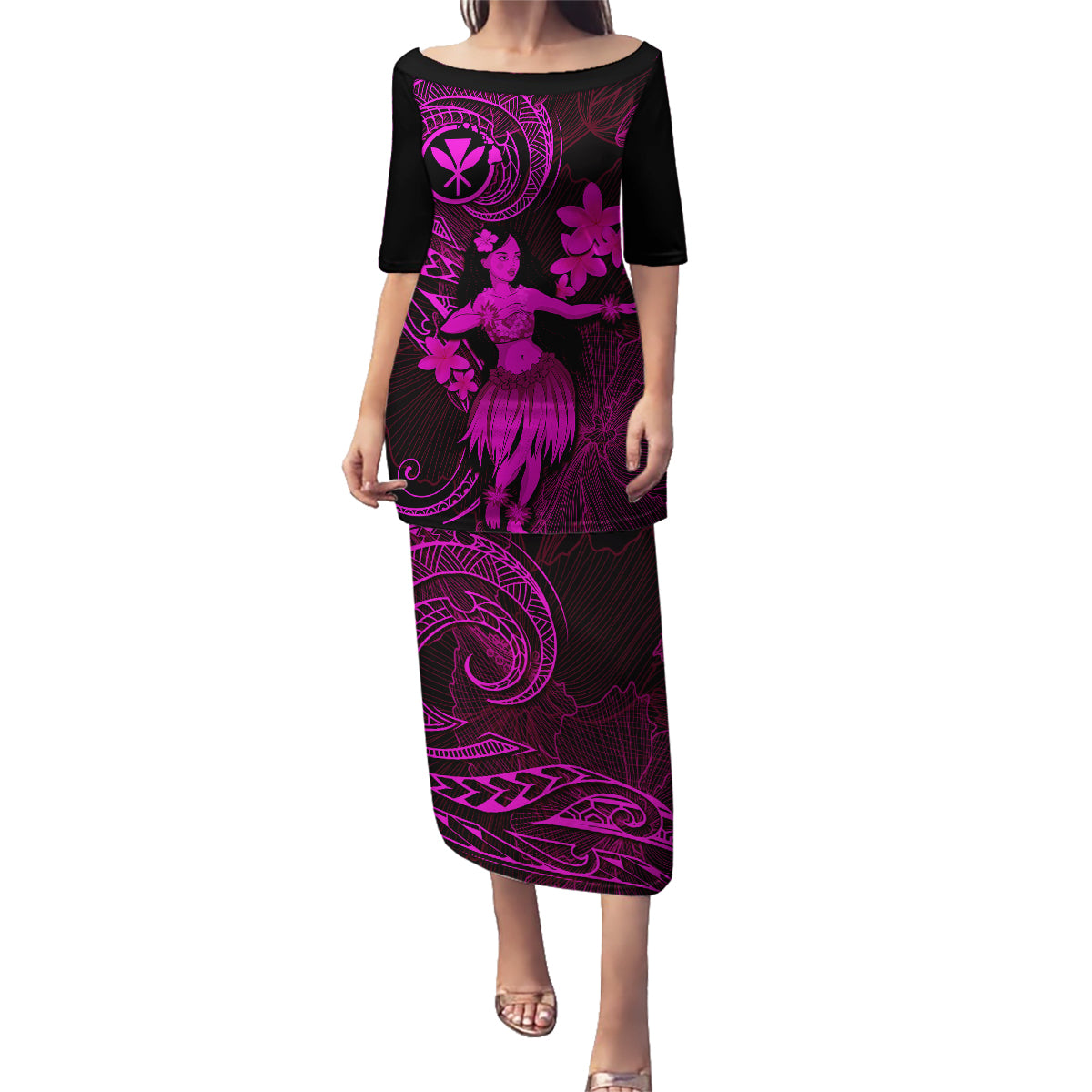 Hawaii Family Matching Puletasi Dress and Hawaiian Shirt Hula Girl Mix Polynesian Plumeria Pink Version LT14 Mom's Dress Pink - Polynesian Pride