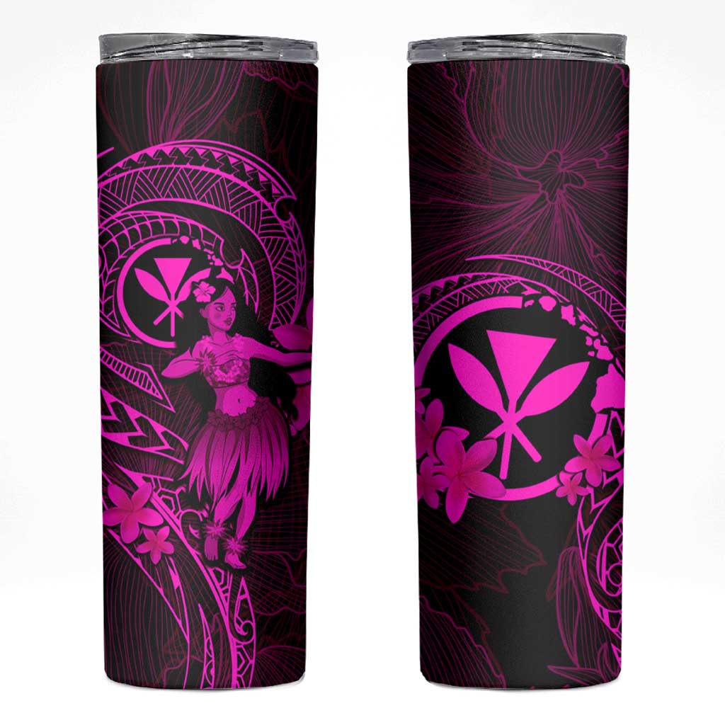 Hawaii Skinny Tumbler Hula Girl Mix Polynesian Plumeria Pink Version