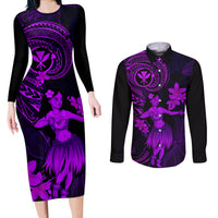 Hawaii Couples Matching Long Sleeve Bodycon Dress and Long Sleeve Button Shirts Hula Girl Mix Polynesian Plumeria Purple Version LT14 Purple - Polynesian Pride