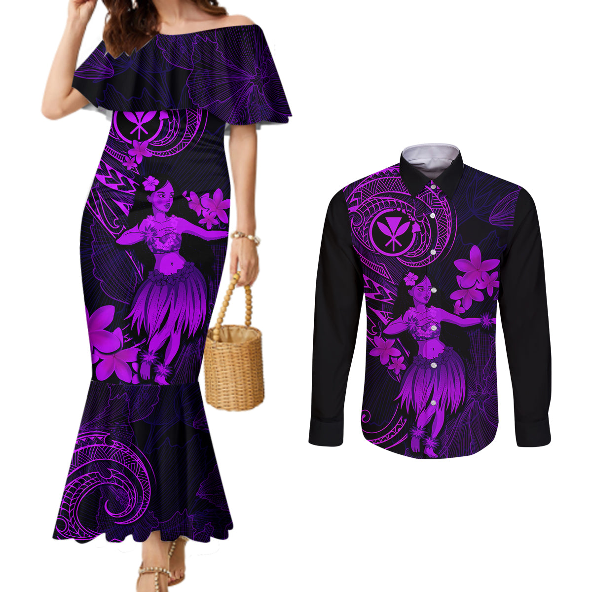 Hawaii Couples Matching Mermaid Dress and Long Sleeve Button Shirts Hula Girl Mix Polynesian Plumeria Purple Version LT14 Purple - Polynesian Pride