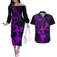 Hawaii Couples Matching Off The Shoulder Long Sleeve Dress and Hawaiian Shirt Hula Girl Mix Polynesian Plumeria Purple Version LT14 Purple - Polynesian Pride