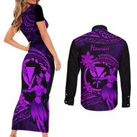 Hawaii Couples Matching Short Sleeve Bodycon Dress and Long Sleeve Button Shirts Hula Girl Mix Polynesian Plumeria Purple Version LT14 - Polynesian Pride
