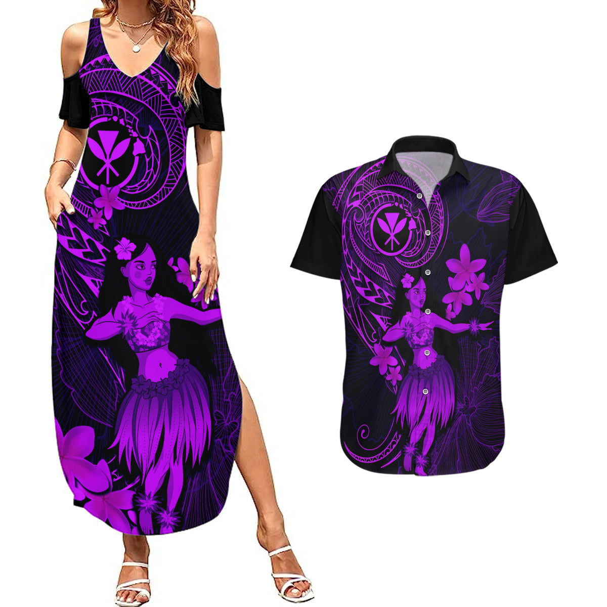 Hawaii Couples Matching Summer Maxi Dress and Hawaiian Shirt Hula Girl Mix Polynesian Plumeria Purple Version LT14 Purple - Polynesian Pride